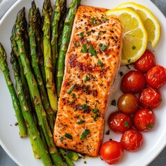 Grilled Salmon with Asparagus, Cherry Tomatoes, and Lemon