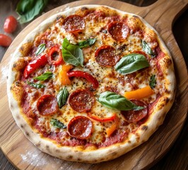 Pepperoni Pizza with Fresh Basil and Peppers