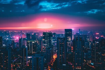 Fototapeta premium An aerial view of a city at night, with glowing lights illuminating towering skyscrapers against a pink and blue sky, Vibrant city lights illuminating skyscrapers against a colorful sunset background