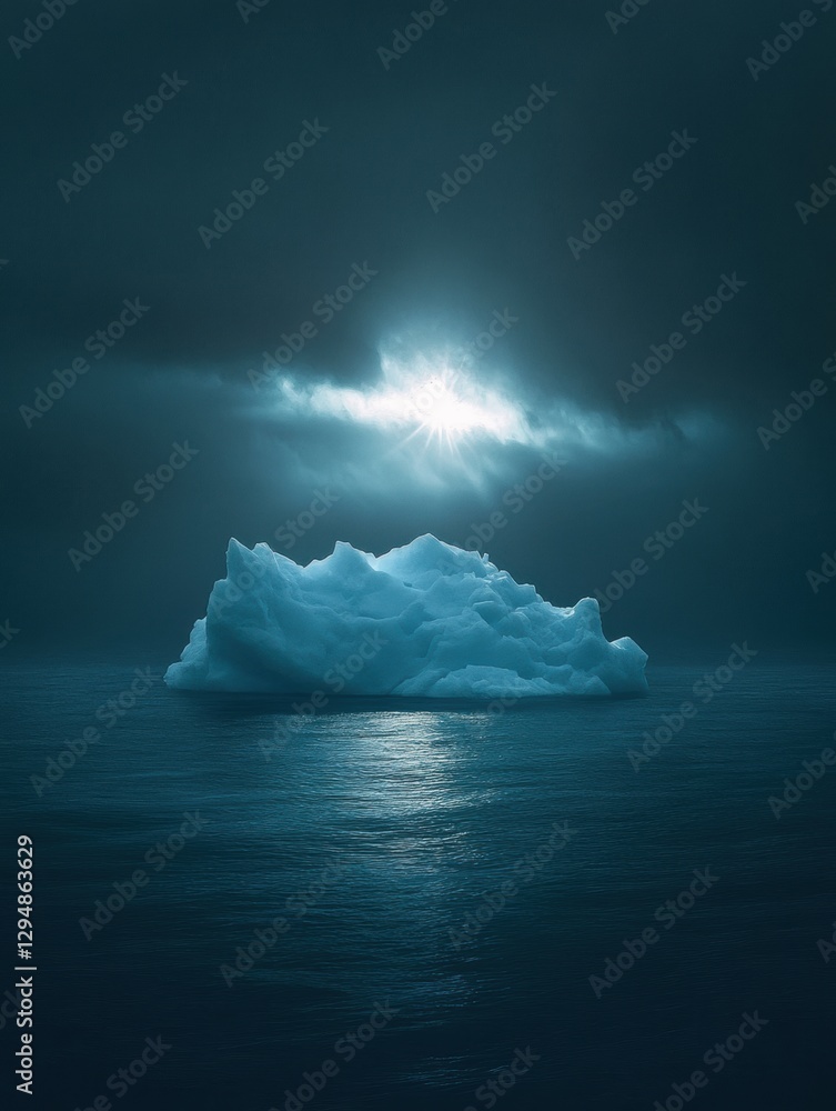 Aufkleber melting iceberg drifts calmly in dark blue waters under an empty sky with subtle light peeking throu