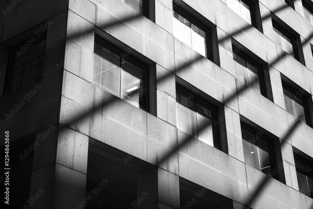 Poster a beam of light shines through a window and casts a sharp shadow on a concrete wall inside a modern 