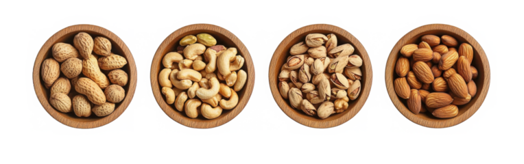 Nuts variety including almonds, pistachios, walnuts, and cashews displayed in wooden bowls on a transparent background 
