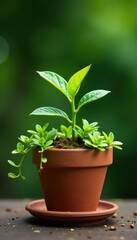 Fototapeta premium A small terracotta pot filled with a creeping inch plant and some colorful foliage, green, pot, terracotta