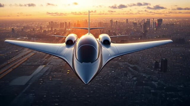 Advanced aircraft design showcases futuristic technology over urban skyline at sunset