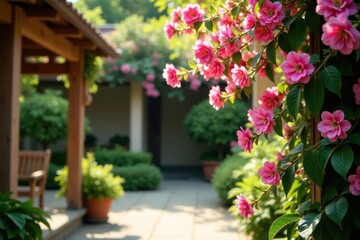 Fototapeta premium A string of tiny pink blooms cascades down a wooden trellis in a sunlit courtyard, wooden, garden, trellis
