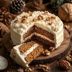 Delicious carrot cake with cream cheese frosting, walnuts, and a slice removed, on a wooden board.