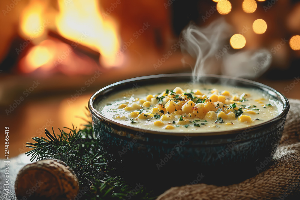 Poster bowl of soup placed on a table with a warm fire burning in the background creating a cozy atmosphere