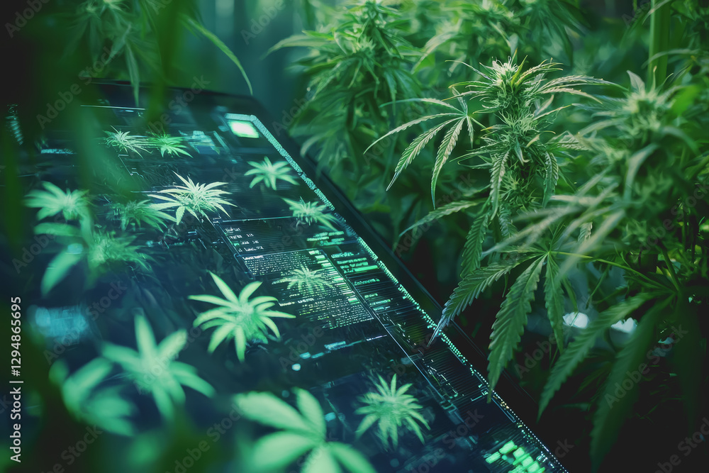 Poster laptop computer with marijuana leaves placed on keyboard and screen in a casual workspace environmen