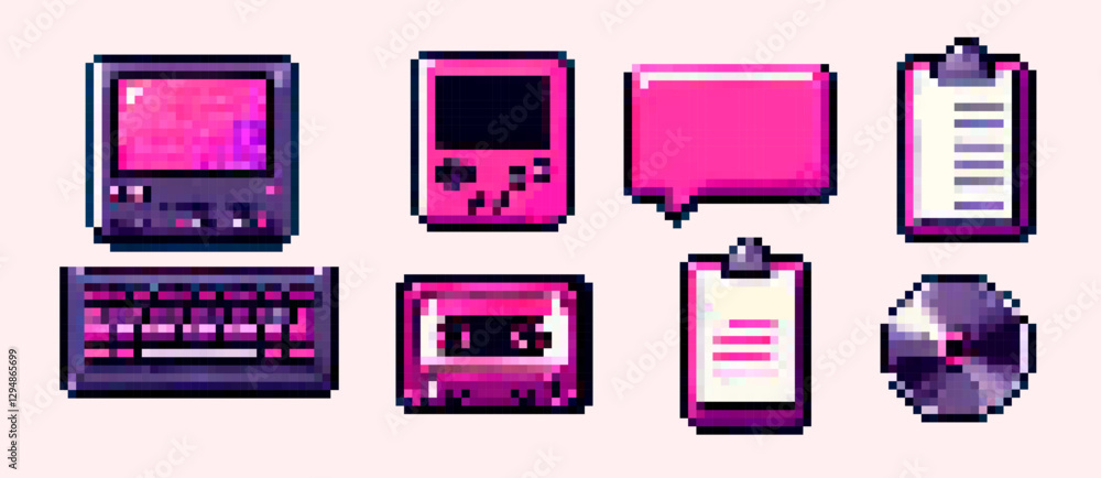 Poster pixel art illustration showcasing retro tech items: a monitor, game console, cassette, cd, keyboard,