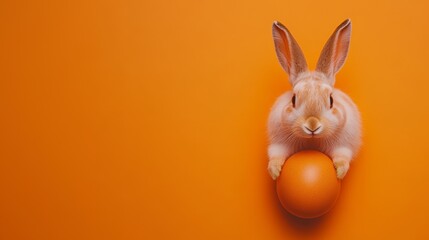 Obraz premium Easter bunny holding an orange egg on a vibrant orange background