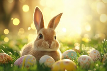 Adorable Easter Bunny in a Sunlit Meadow with Colorful Decorated Eggs – Whimsical Spring Scene for Holiday Celebrations, Greeting Cards, and Festive Decor