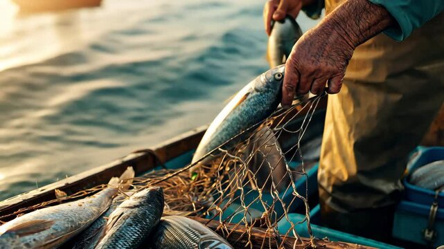 A fisherman pulls fish out of his net while standing on a boat. Fishing on an old trawler in the ocean. Large fish in net.