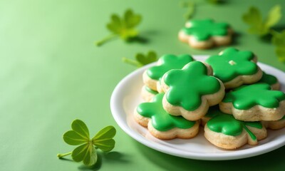 Plate of green shamrock biscuits. Symbol of the Irish St. Patrick Day