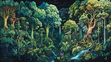 Lush Green Tropical Forest at Night, Detailed Pixel Art Illustration
