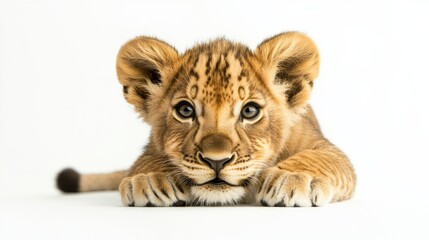 Obraz premium Young lion cub resting and looking playfully at the camera in a bright and minimalistic setting
