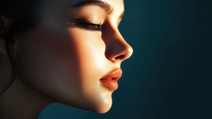 Fototapeta premium Modern beauty portrait showcasing youthful skin with artistic lighting effects. Generative AI