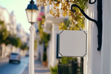  Blank real estate sign on charming urban street, ideal for sale or rental listings in vibrant neighborhood.