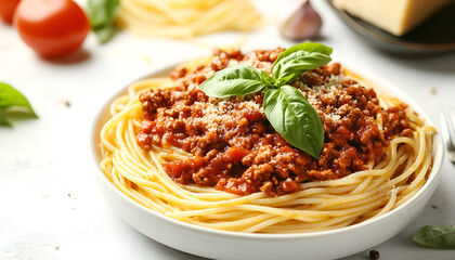 Tasty pasta bolognese with basil on white table, closeup