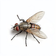 Naklejka premium Close examination of a common fly showcasing intricate details of its body and wings in bright lighting