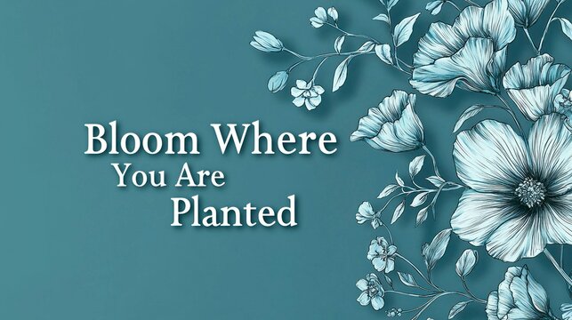 A beautiful floral design showcases a motivational quote encouraging individuals to thrive where they are. The soft blue background enhances the elegant details of flowers and leaves