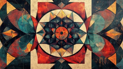 Abstract Geometric Mandala Design with Red Orange and Teal Shapes