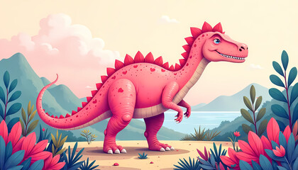 Pink Dinosaur in a Tropical Landscape