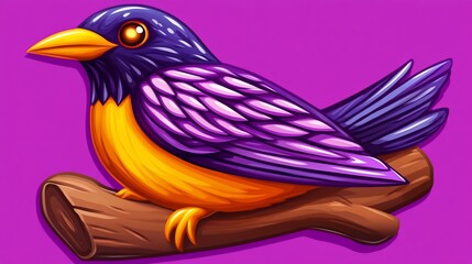 Obraz premium Purple bird perched on branch, vibrant background, game asset
