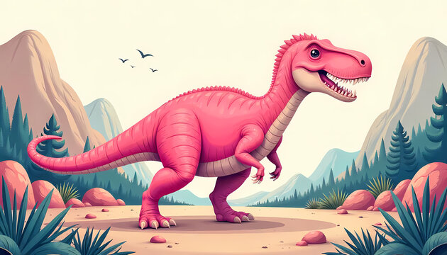Pink Tyrannosaurus Rex in Mountain Landscape