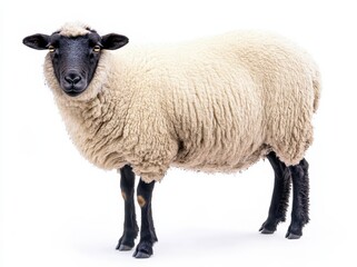 Sheep with fluffy white wool standing against a plain background showcasing its distinctive features and textures