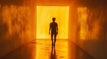 Obraz premium Silhouette of a Person Walking Through a Glowing Orange Tunnel