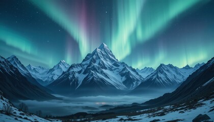 Majestic mountain ranges with magical auroras