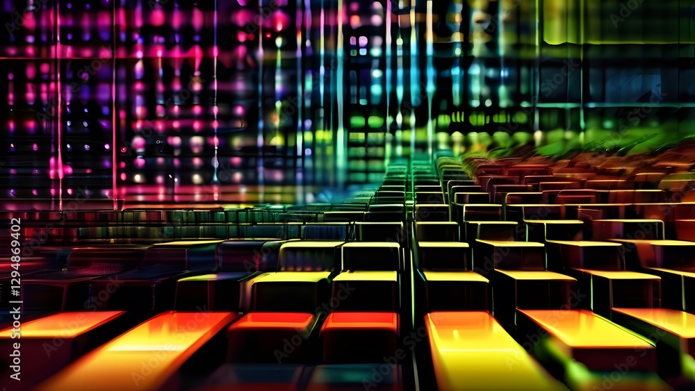 Poster abstract neon staircase: an abstract, eye-catching composition features a vibrant staircase, illumin