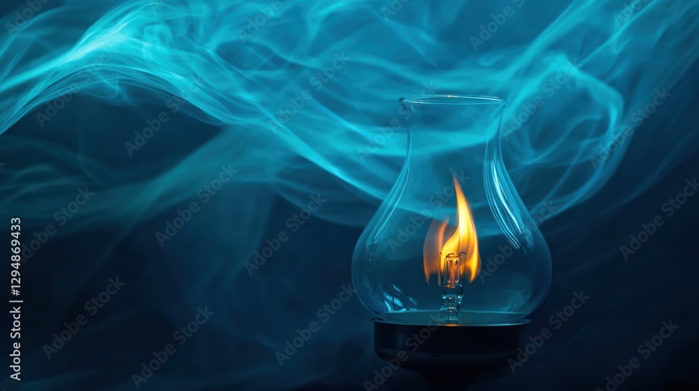 Poster glowing gas lamp with flickering flame surrounded by swirling blue smoke in a dark setting. generati