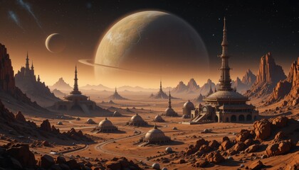Obraz premium Retro sci-fi space colonies on distant planets