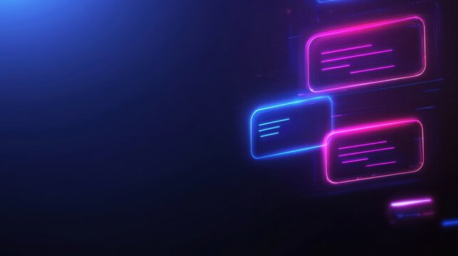 Floating message bubbles create a vibrant chat interface with glowing text notifications in a digital environment. Generative AI - Powered by Adobe