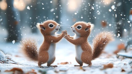 Fototapeta premium Two lively squirrels exploring the winter forest image