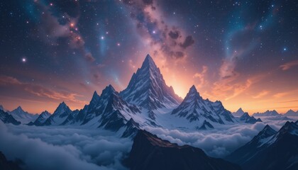 Surreal mountain peaks touching the cosmos