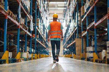 Warehouse worker walking through large distribution center with shelves full of goods