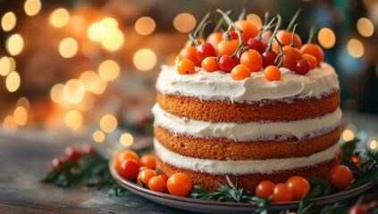 Delicious three-layered cake decorated with orange berries and creamy frosting.