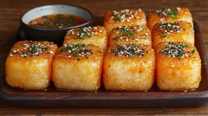 Crispy rice cubes, dipping sauce, wooden board, restaurant setting