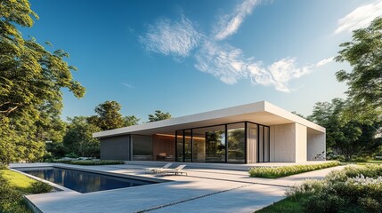 3D Rendering of Flat Roof House with Parking, Pool, and Stunning Landscaping for Rent/Sale

