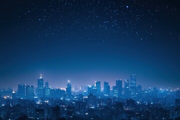 Fototapeta premium Bright city skyline illuminated at night with stars twinkling in the sky above urban landscape. Generative AI