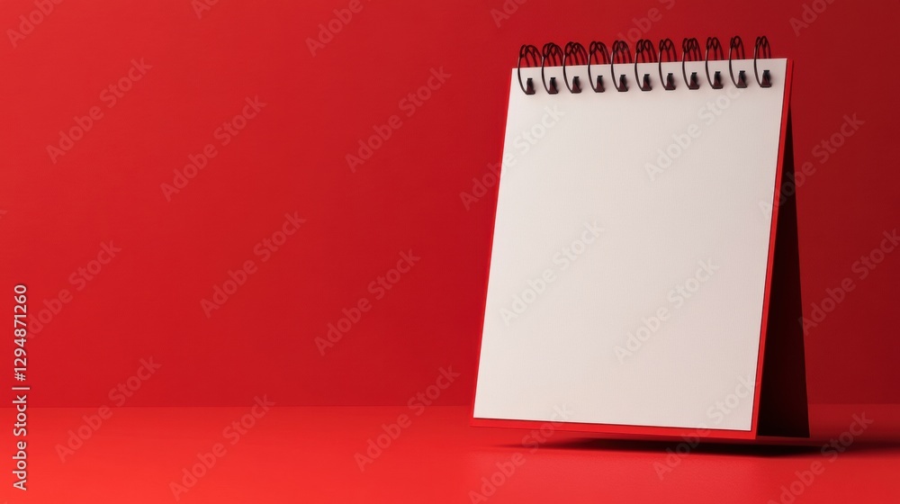 Poster blank spiral notepad stands upright on a vibrant red surface in a well lit environment for creative 