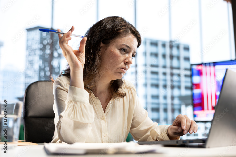 Poster powerful goal oriented director with executive power analyzing target reports and kpi performance me