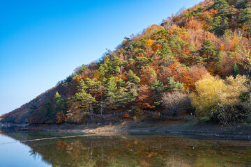 Autumn reflections on calm waters of Boraboy Lake Nature Park. Scenic forested hills and tranquil lake in fall. Peaceful scene with trees. Seasonal change 