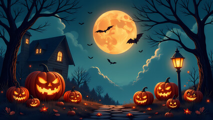 Halloween scene with pumpkins and full moon