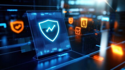 Cybersecurity shield icon digital workspace graphic design high-tech environment close-up view data protection concept