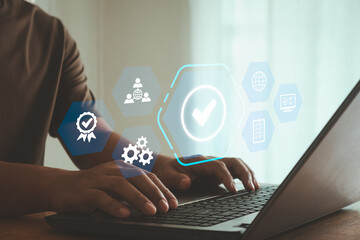 Quality control management or QC and validation process. Quality assurance or QA and improvement,...