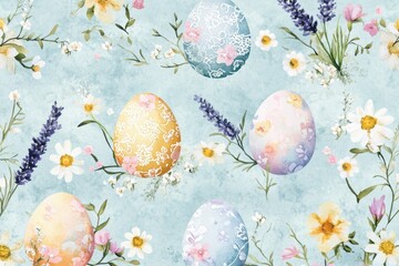 Seamless Watercolor Easter Pattern with Delicate Floral Elements and Decorative Eggs – Soft Pastel Spring Background for Invitations, Wrapping, and Design