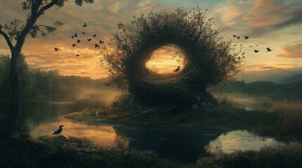 Birds Flying Around a Mystical Circular Bush at Sunrise